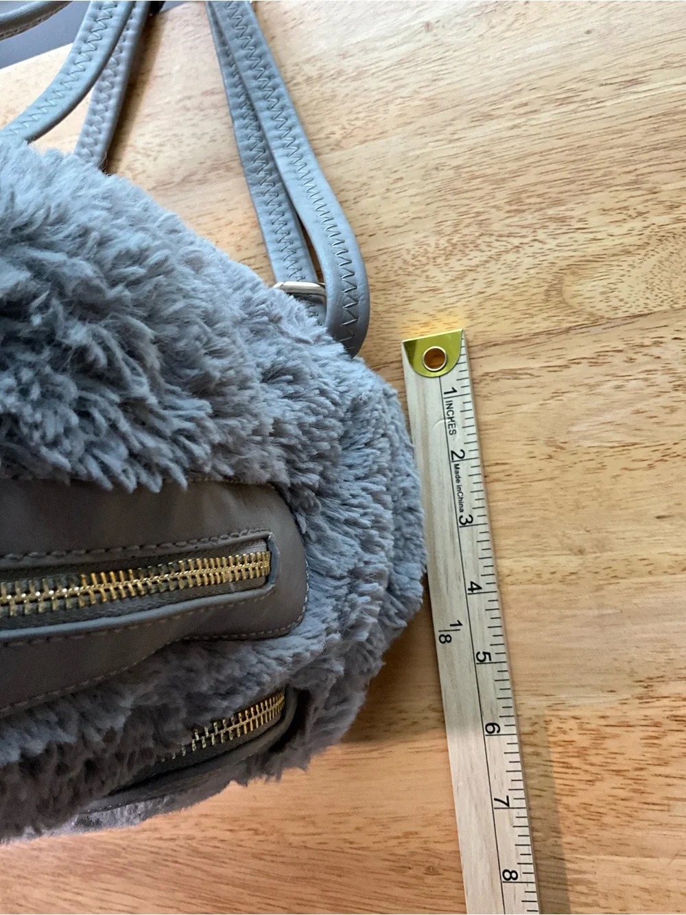 Grey Faux Fur Mini Backpack Plush Teddy Convertible Bag Small 9”x12” Soft